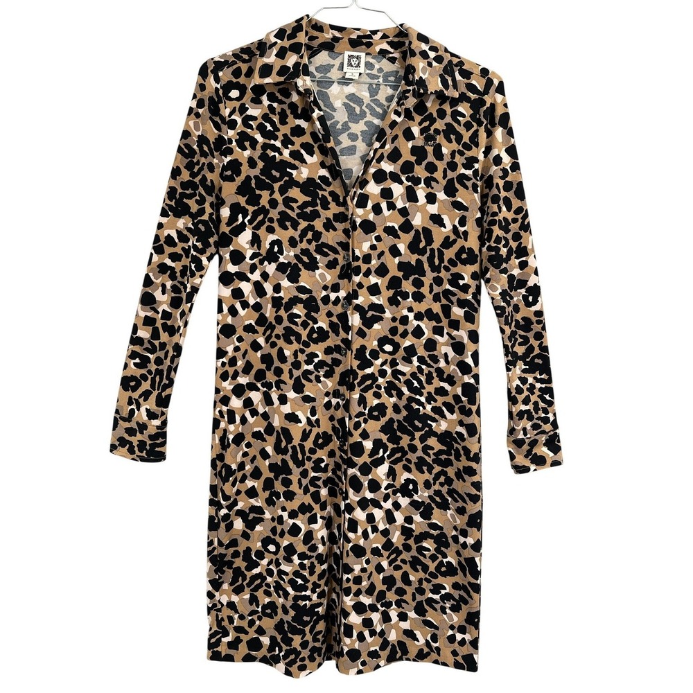 Anne Klein Womens Shirt Dress Tan Black Leopard‎ Print Button Front Small